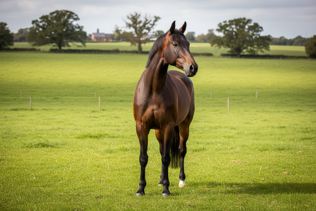Dansk varmblod mørkebrun på stor grøn fold 