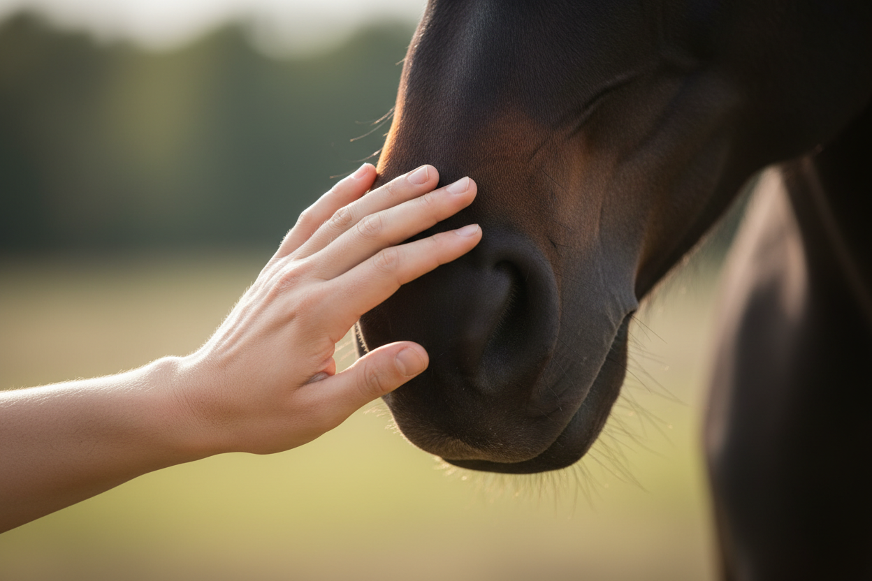 En blid menneskehånd, der hviler på hestens mule.
Hånden skal:
ligge let, ikke presse
have afslappede fingre
udtrykke tillid, ro og omsorg
være tæt nok til, at man kan se struktur i hestens korte pels
Hesten:
mørkebrun eller sort (matcher jeres visuelle identitet)
kun mule + lidt af næsepartiet
ingen øjne, ingen grime, ingen distraktioner
mule let sænket → hesten er i ro og tryg