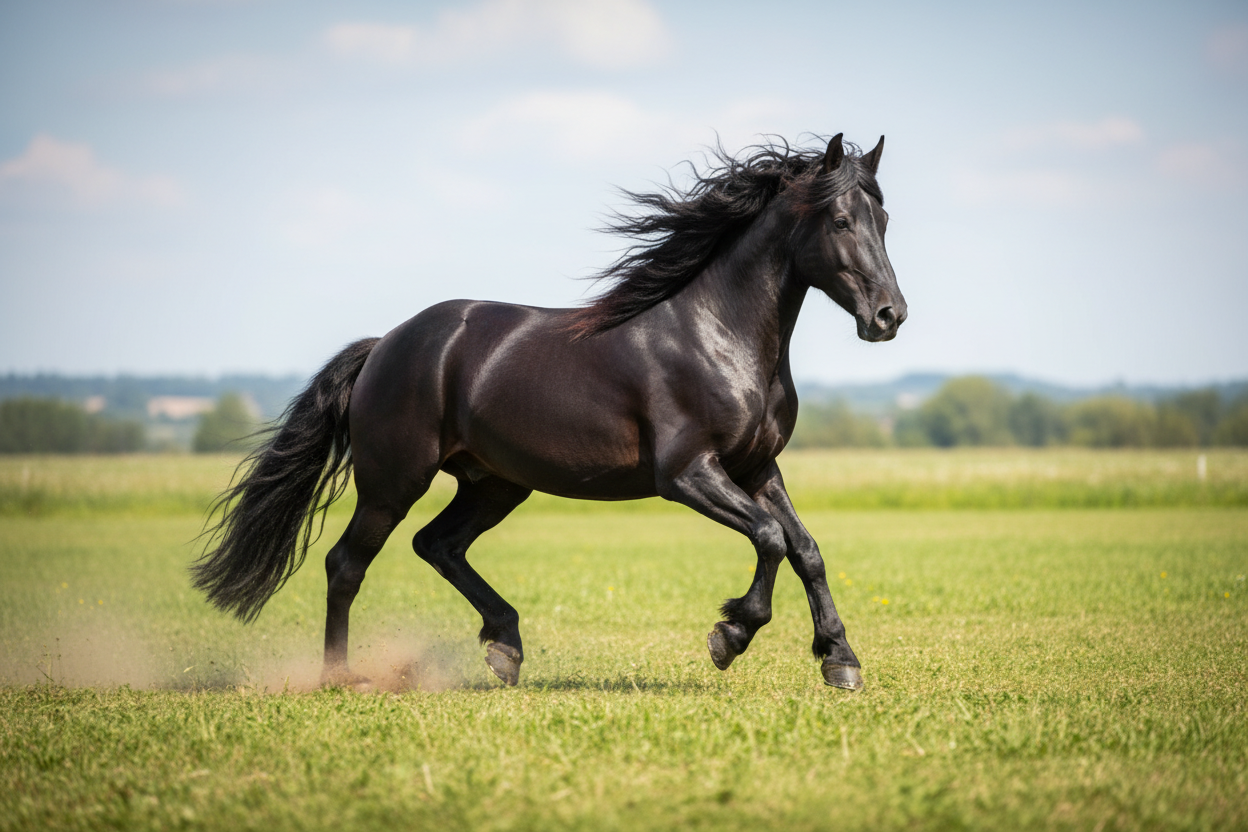 sort flot hingst friser i fri trav med store bevægelser på en grøn mark